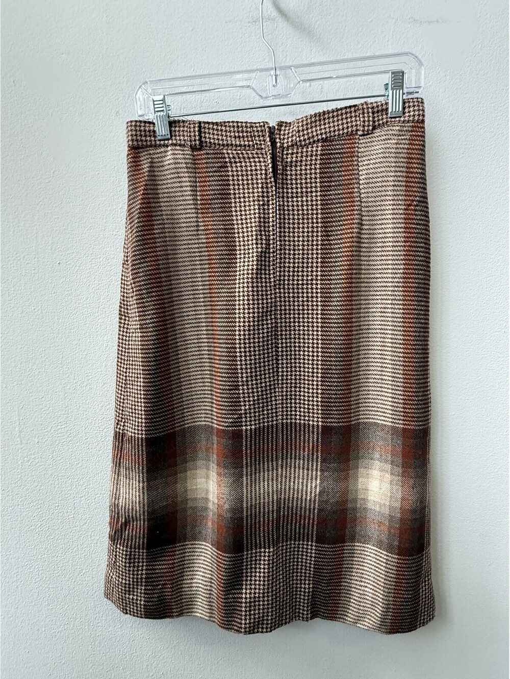 Vintage 70s Pan-Ter Houndstooth Poly-Wool Border Plaid Skirt Sz 9/10
